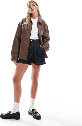 Asos Giacca harrington color cioccolato in pelle sintetica con zip sul davanti-Marrone