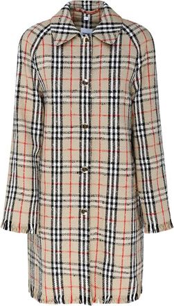 Burberry Boucl&eacute; Geruite Regenjas met Knopen - Dames - Mantel - Beige - S - Katoen - Jassen