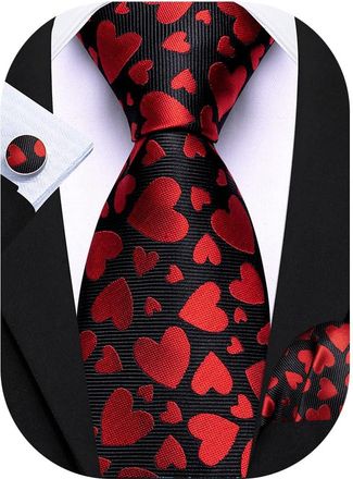 Barry.Wang Men Valentines Day Ties Silk Red Black Love Necktie Handkerchief Cufflinks Set Wedding