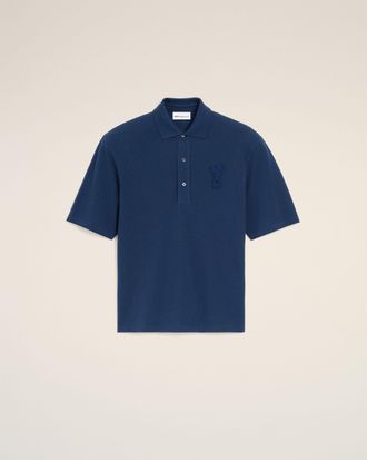Ami Blue Cotton Ami De Coeur Knitted Patch Polo Blue - XXXL - Unisex