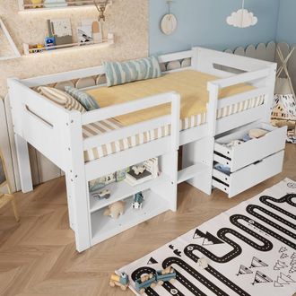 Matteo Wooden Bed, Storage Bed, Childrens Bed, 3ft Single Bed Safety Guardrail in White | Size: Double
