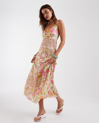 Vero Moda Vestito lungo con spalline sottili in raso con stampa patchwork a fiori-Bianco