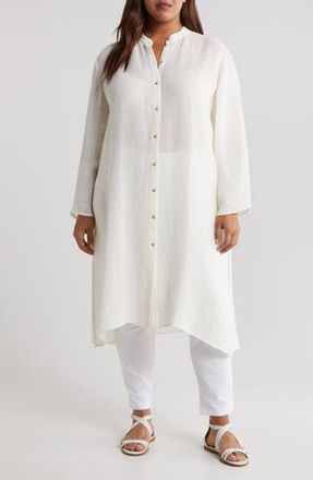 Eileen Fisher Band Collar Longline Organic Linen Blend Button-Up Shirt in White at Nordstrom Rack, Size 2X