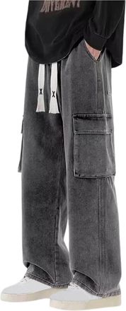 Generic Work Jeans for Men UK Casual Cargo Wide Leg Denim Trouser Baggy Elasticated Waisted Trousers Leisure Hiking Solid Color Trouser Sports Daily Wear Comf