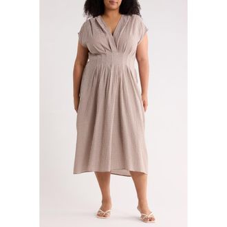 Max Studio Gingham Cap Sleeve Cotton Blend Midi Dress in Taupe/Cream at Nordstrom Rack, Size 1X
