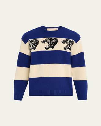 Valentino Garavani Mens Striped Jacquard Panther Wool Sweater