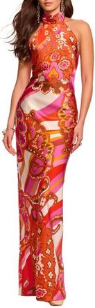Ramy Brook Tatiana Mixed Print Stretch Silk Halter Neck Gown in Fiesta Pink Multi at Nordstrom, Size 2
