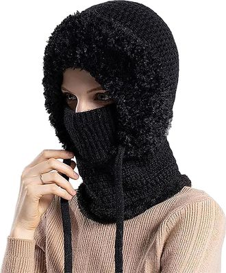 Generic 3 in 1 Beanie Hat for Women, Fall Winter Warm Knitted Windproof Balaclava Scarf, with Face Cover - for Outdoor Skiing Hiking (Black)