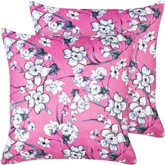 Beliani Beliani - Conjunto De 2 Cojines Decorativos De Terciopelo 45 X 45 Cm Motivo Floral Fundas Extra&iacute;bles Rosa Koeleria