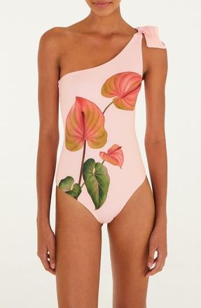 Farm Rio Anturium One-Shoulder Tie Strap One-Piece Swimsuit in Light Pink at Nordstrom, Size X-Small