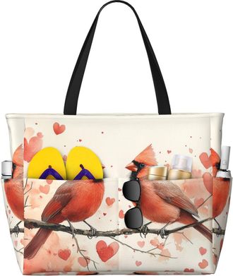 Generic Cardinal Birds Print Large Beach Bag Foldable Travel Shoulder Tote Bag With Pocket For Weekender Pool Vacation