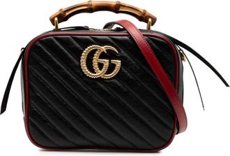 Gucci 2016-2025 Small GG Marmont Matelasse Diagonal Leather Torchon Bamboo satchel - Nero