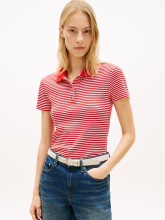 Tommy Hilfiger Poloshirt TOMMY HILFIGER GOLD BUTTON SLIM SS POLO, Damen, Gr. M (40), small brt stp fireworks, calico, Single Jersey, Obermaterial: 100% Baumwolle, ge