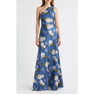 Sachin & Babi Delphine Floral Print One-Shoulder Gown in Washed Indigo Blooms at Nordstrom, Size 14