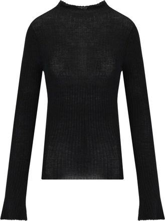 Cruna Truien & Vesten, Dames, Zwart, L, Wol, Geribbelde Zwarte Merinowollen Trui