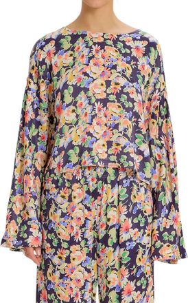 Something Navy Floral Silky Long Sleeve Cropped Top In Navy Combo