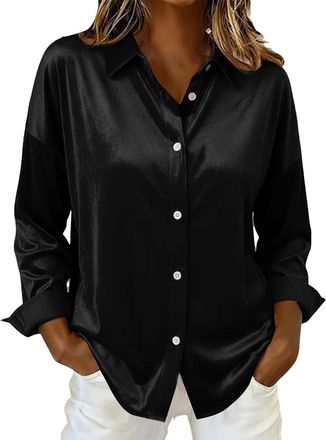 Generic Womens Satin Silk Shirts Long Sleeve Button Up Fashion Vintage Blouses Solid Loose Comfort Soft Going Out Office Work Shirt Brown Long Sleeve top Wome