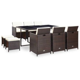 vidaXL vidaXL Set da Pranzo da Giardino 11 pz con Cuscini Polyrattan Marrone