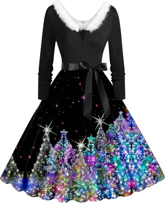 Generic Women Christmas Dress with Faux Fur Collar, Christmas Dress Plus Size Off Shoulder Velvet Print Long Sleeve Maxi Dresses for Women UK Sexy Costume Lon