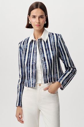 Exquise Achille Crew Neck Padded Shoulder Cropped Jacket in Sax at Nordstrom, Size Xx-Large