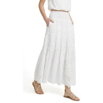 Change of Scenery Charlie Eyelet Embroidered Smock Waist Slit Skirt in White at Nordstrom, Size X-Small