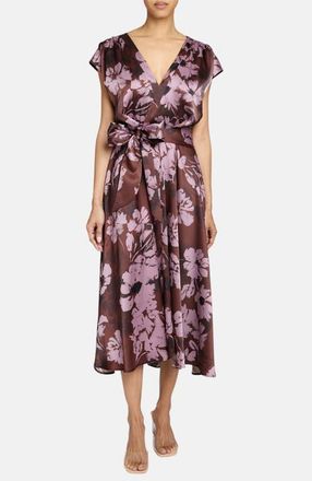 Santorelli Talia Faux-Wrap Cap Sleeve Midi Dress in Floral Twill Crepe in Raisin at Nordstrom, Size 4