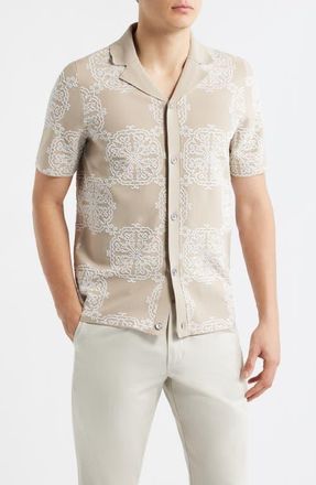 Reiss Gabriel Jacquard Cotton Blend Knit Camp Shirt in Champagne/White at Nordstrom, Size Xx-Large