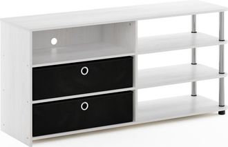 Furinno JAYA Simple Design TV Stand for up to 55-Inch with Bins, White Oak, Stainless Steel Tubes