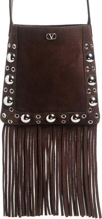 Valentino Garavani Small Nellcôte Fringe Stud Suede Crossbody Bag in Brown at Nordstrom