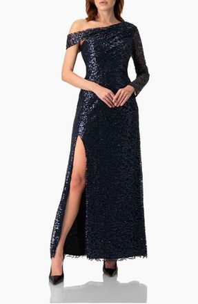 Ivonne Embroided Gown with Front Slit and One Sleeve in Navy Blue at Nordstrom, Size 10