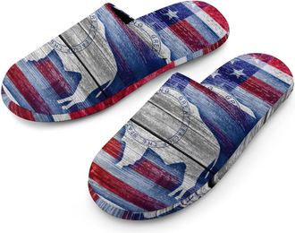 Generic U.S.A And Wyoming State Flag Flannel Mens Slip-on Slippers Winter Warm House Shoes with Rubber Sole for Home Hotel
