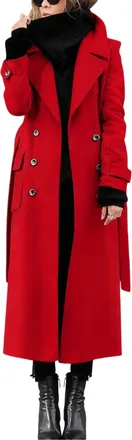 Generic Wool Coat for Women Long Overcoat Jackets Classic Woolen Double Breasted Trench Coats with Belt Classic Lapel Collar Peacoats with Pockets Autumn Wint
