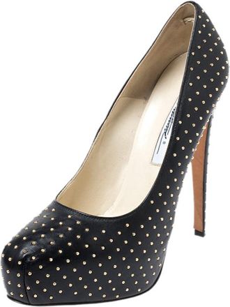 Brian Atwood Black Leather Studded Platform Pumps