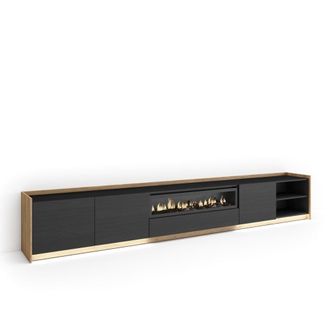 Skraut Home Mueble tv efecto madera negro roble 310x37x50cm chimenea efecto fuego