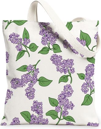 Generic Spring Lilac Flower Canvas Tote Bag for Shopping 13x15, Fun Floral Plant Garden Reusable Grocery Print Bag for Women Men, Wildflower Aesthetic Paintin