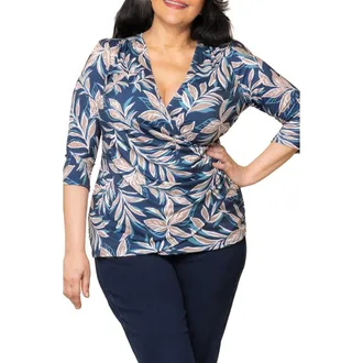Kiyonna Faux Wrap Top in Teal Botanical Print at Nordstrom, Size 1X
