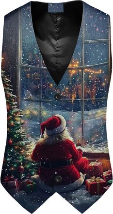 Generic Christmas Waistcoat Mens Fun Waistcoat Christmas Festive UK Happy Santa Claus Xmas Vests V Neck Sleeveless Slim Fit Party Snowflake Vest Suit Holiday 