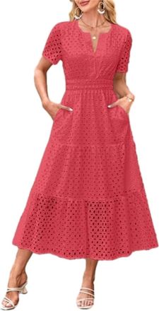 Generic Womens Summer Dress V Neck Boho Maxi Dresses Casual Short Sleeve Long Bohemian Hollow Out Eyelet Beach Dress Ladies Flowy Holiday Swing Loose Fit Dres