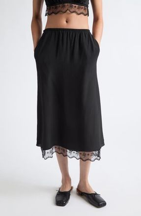 Simone Rocha Lace Trim Cr&ecirc;pe de Chine Negligee Skirt in Black at Nordstrom, Size 12