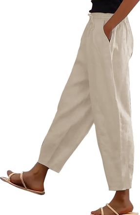Generic Womens Cotton Linen Pants UK Summer Casual Solid Color Trousers Dressy Trendy Drawstring High Waist Pants Lightweight Comfy Going Out Straight Leg Cap