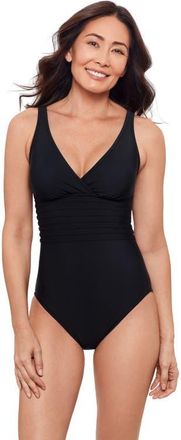 Aqua Green Full Coverage Surplice Trim Overlay V-Neck One-Piece Swimsuit in Black at Nordstrom, Size X-Large