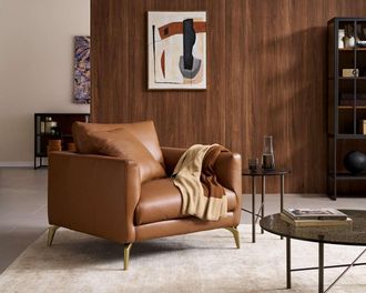 Castlery Lena Leather Armchair, Cocoa, American Top Grain Leather, Brass Leg