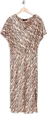 Renee C Zebra Print Short Sleeve Satin Midi Dress in Taupe at Nordstrom Rack, Size 2 X