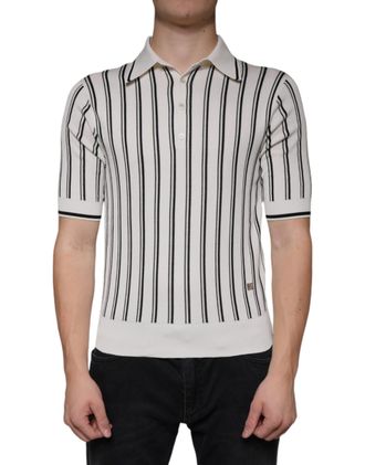 Dolce & Gabbana Mens Striped Knit Polo Shirt - White Silk - Size EU 44 (Mens)