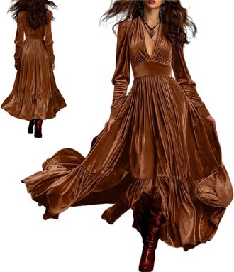 Generic Velvet Dress for Women Elegant Vintage A-Line Maxi Dress with Deep V-Neck Long Sleeve Velvet Formal Wedding Guest Dresses (Brown,XL)