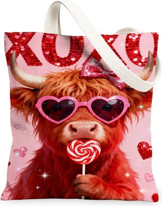 Generic ValentineS Cow Canvas Tote Bags, Cute Animal Heart Pattern Reusable Grocery Bags, Fun Lightweight Washable Shoulder Strap, Peach, 13x15 Inch