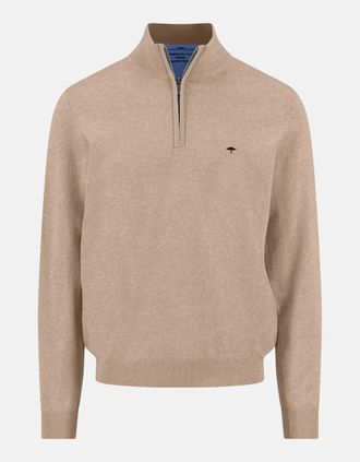 Fynch-Hatton Mens Fine Knit Cotton 1/4 Zip Sweater Taupe - Cream - Size: 40