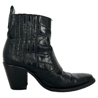Ganni Ganni Croc-Effect Western Ankle Boots in Black Leather