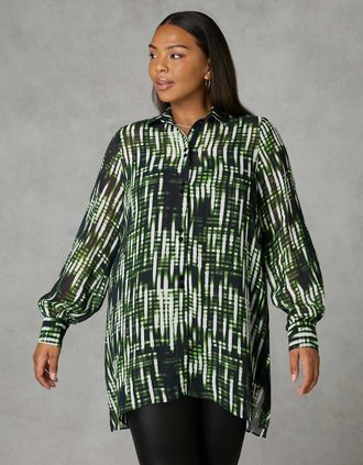 Live Unlimited London Womens Green Blurred Print Button Through Hanky Hem Shirt - Multi - Size: 12