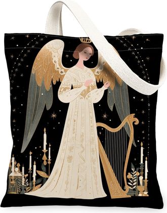 Generic Angel Canvas Tote Bags, Vintage Harp Design Reusable Grocery Bags, Holiday Chic Washable Shoulder Strap Canvas for Travel B, Black, 13x15 Inch